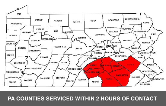Allen Restorations PA counties serviced within 2 hours of contact
